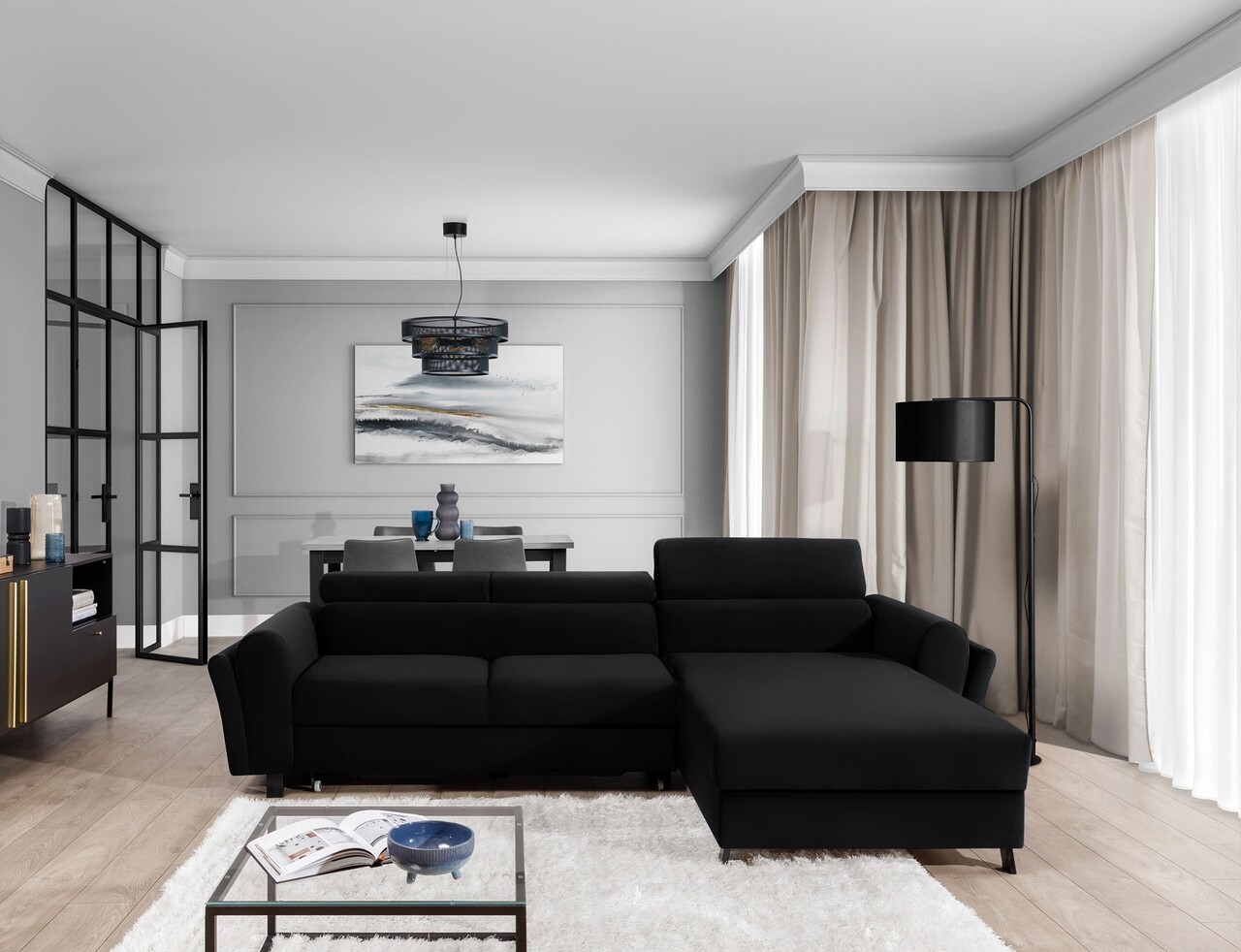 Coltar extensibil dreapta 4 locuri ELTAP, Mari-35, Mariall, 288x200x92 cm, lemn/poliester, negru