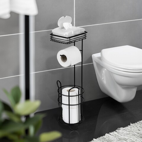 Suport pentru hartie igienica si perie toaleta Roll, Wenko, 16x18x59 cm, otel, negru