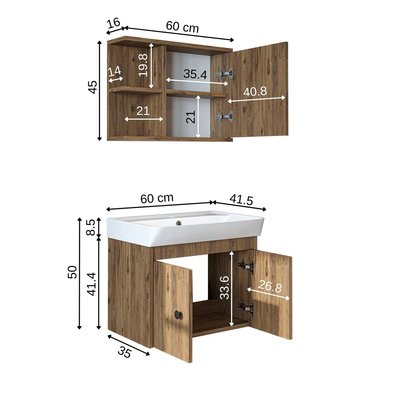 Set Dulap de Baie cu Chiuvetă și Oglindă (2 Piese), Hanah Home, 2678, PAL MELAMINAT, Maro — imaginea 7