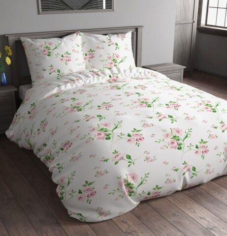 Lenjerie de pat dubla Pink Rose, Vanora, 4 piese, 220 x 240 cm, 100% microfibra, alb/roz/verde