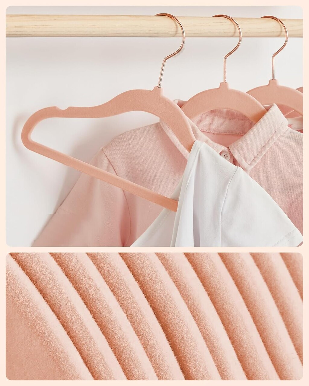 Set 50 umerase copii catifelate, Songmics, antialunecare, max 3 kg, roz deschis/carlige rose gold - imagine 6