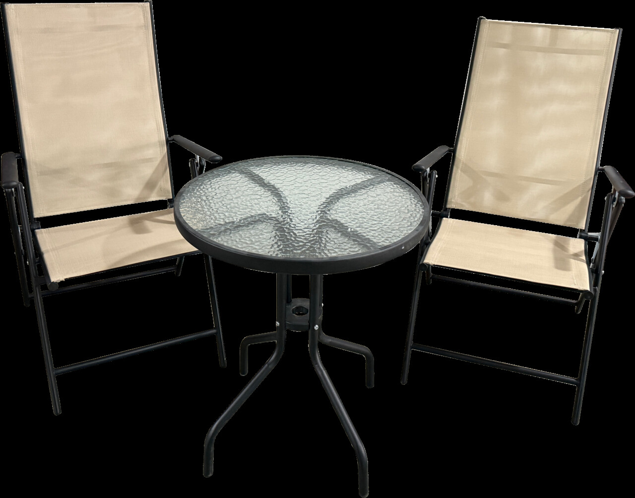 Set mobilier de gradina 3 piese Texas, Heinner, 60x71 cm/56x68x105 cm, otel/sticla/textil, bej/negru
