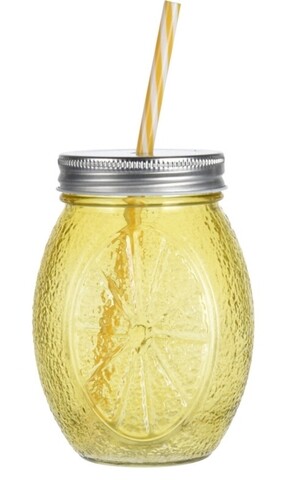 Pahar cu pai Lemon, 500 ml, sticla, galben