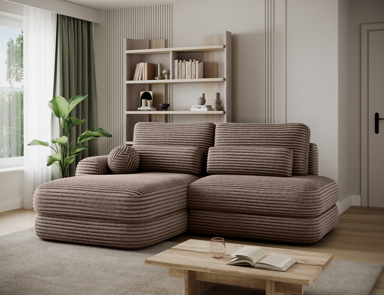 Coltar extensibil stanga 3 locuri ELTAP, Ripeli, 217x175x96 cm, lemn/catifea din poliester, maro deschis — imaginea 2