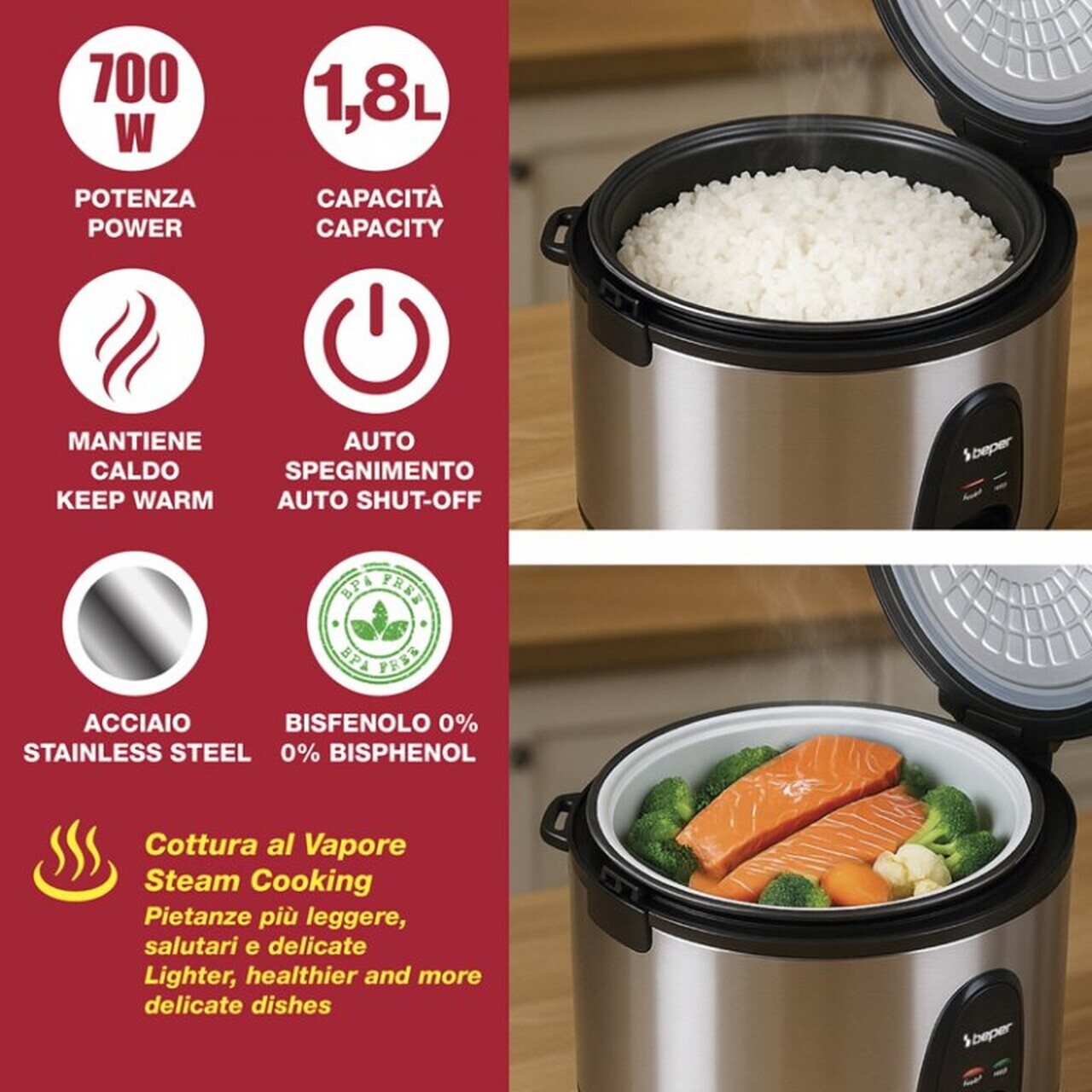 Aparat de gatit orez Beper, Vapore Pro, 28x28 cm, 700W, 1.8L, inox/aluminiu/plastic, argintiu/negru - view 4