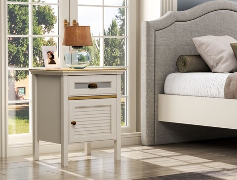 Noptiera, Hanah Home, FRN-21015, 64.4x68.1x44.2 cm, PAL, Crem / Stejar / Gri