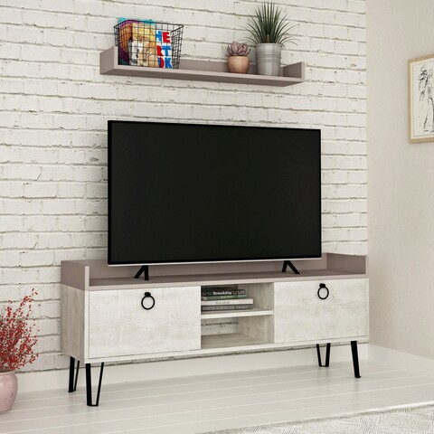 Comoda tv, decortie, keday, alb deschis / mocha deschis