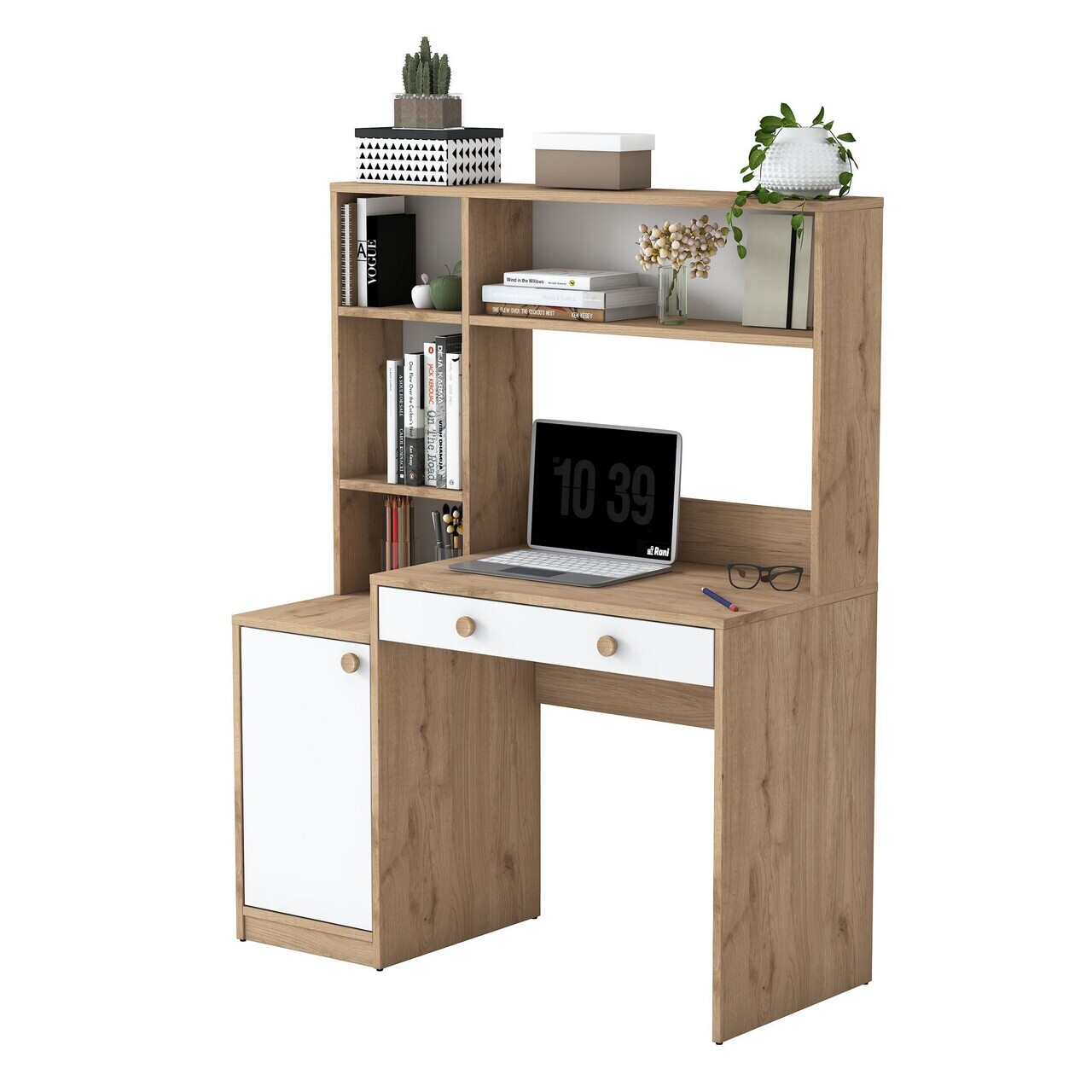 Set birou si biblioteca, Hanah Home, HA126, 115x146x50 cm, PAL melaminat, Nuc/Alb - view 9