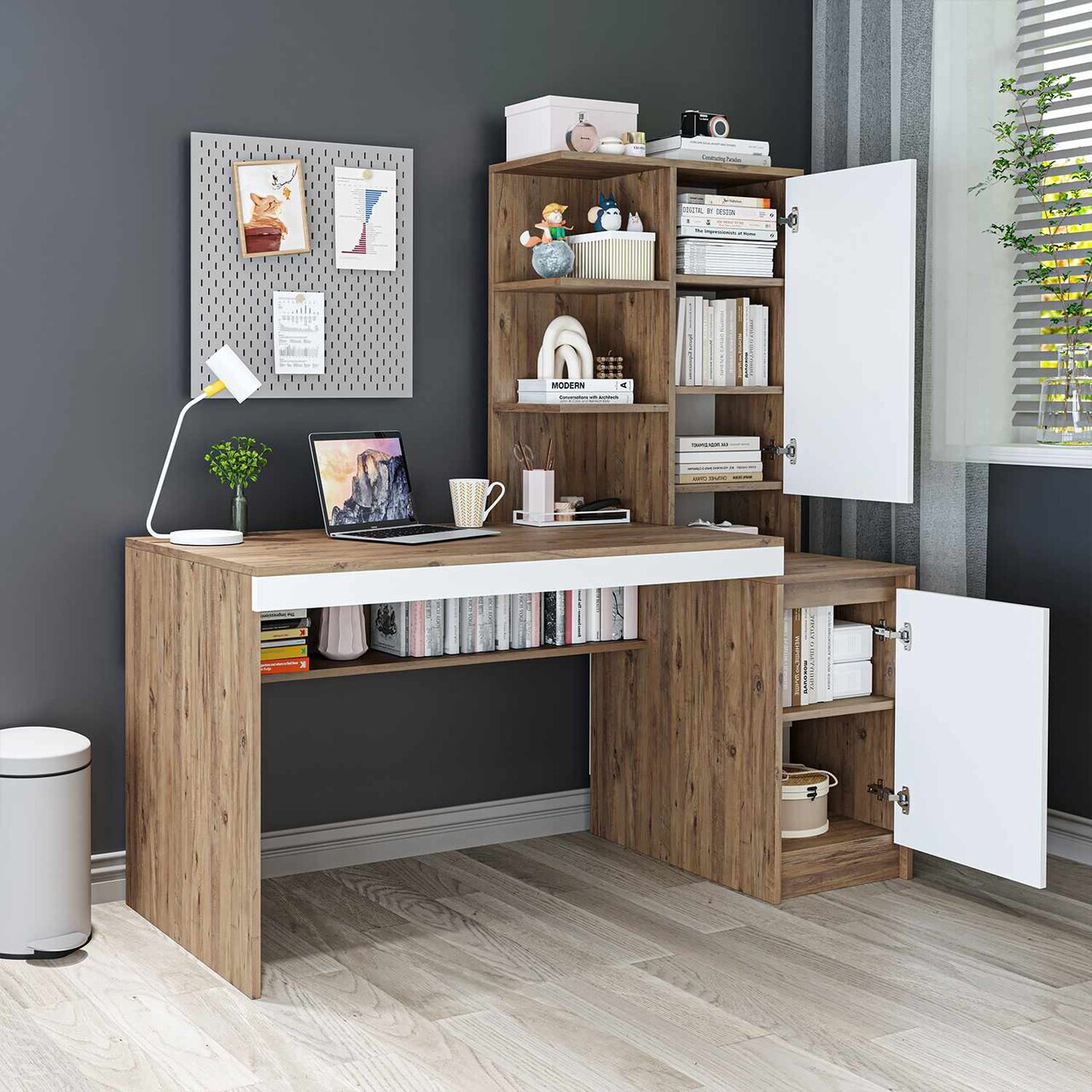 Birou, Hanah Home, Nora Right, 160x157.8x60 cm, PAL, Alb/Pin Atlantic — imaginea 4