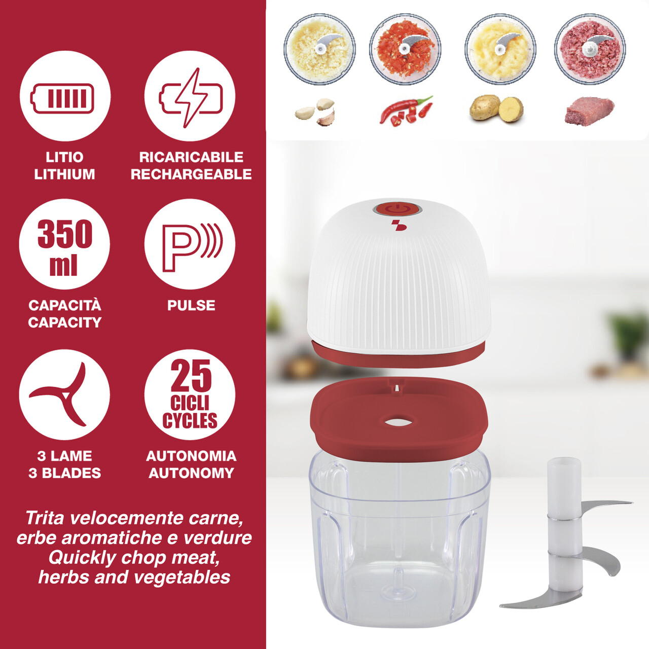 Mini tocator electric Beper, 8.8x12.8 cm, inox/ABS, alb/rosu - view 6