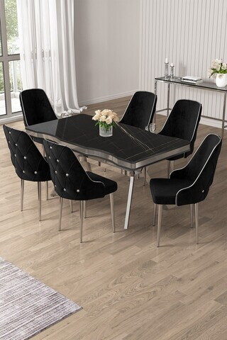 Set masa si scaune (7 piese), Hanah Home, Vae, Sonata / Crom / Negru