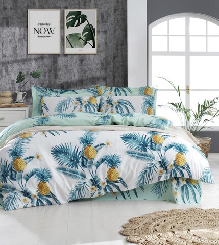 Lenjerie de pat dubla super king (us) (es), 3 piese, custom ananas - white, eponj home, 65% bumbac/35% poliester