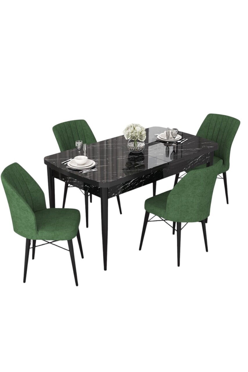 Set masa extensibila si scaune (5 piese), Hanah Home, Nef, Model de marmură neagră / Verde kaki — imaginea 2