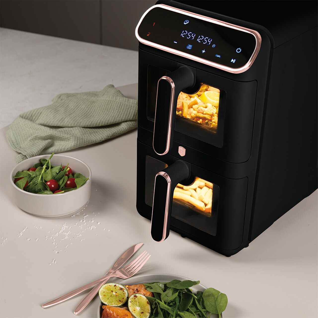 Friteuza dubla cu aer cald Berlinger Haus, Black Rose, 2460W, 5.5+5.5 L, negru - imagine 2