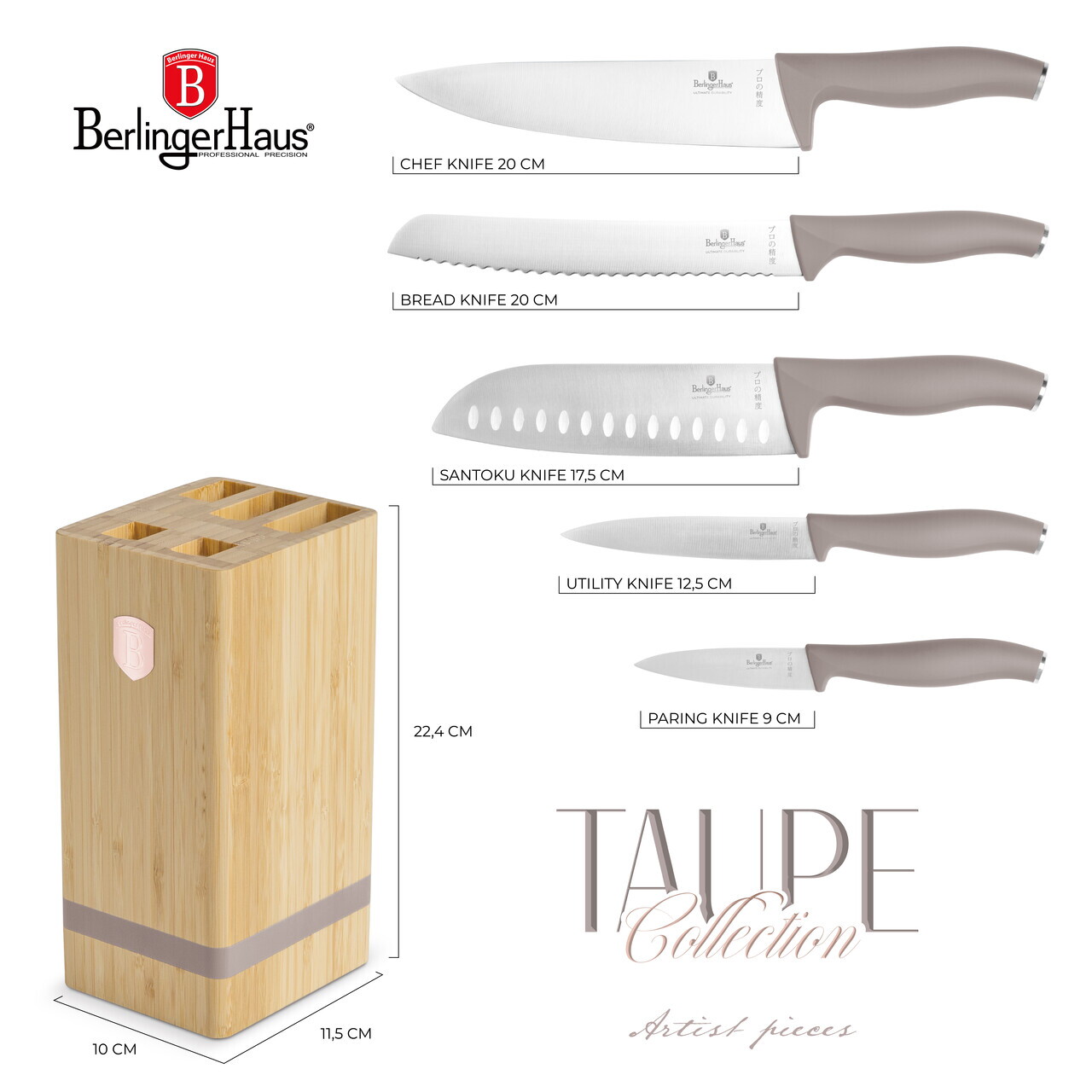 Set 5 cutite cu suport patrat Berlinger Haus, Taupe, inox/bambus, taupe mat/natur - imagine 12