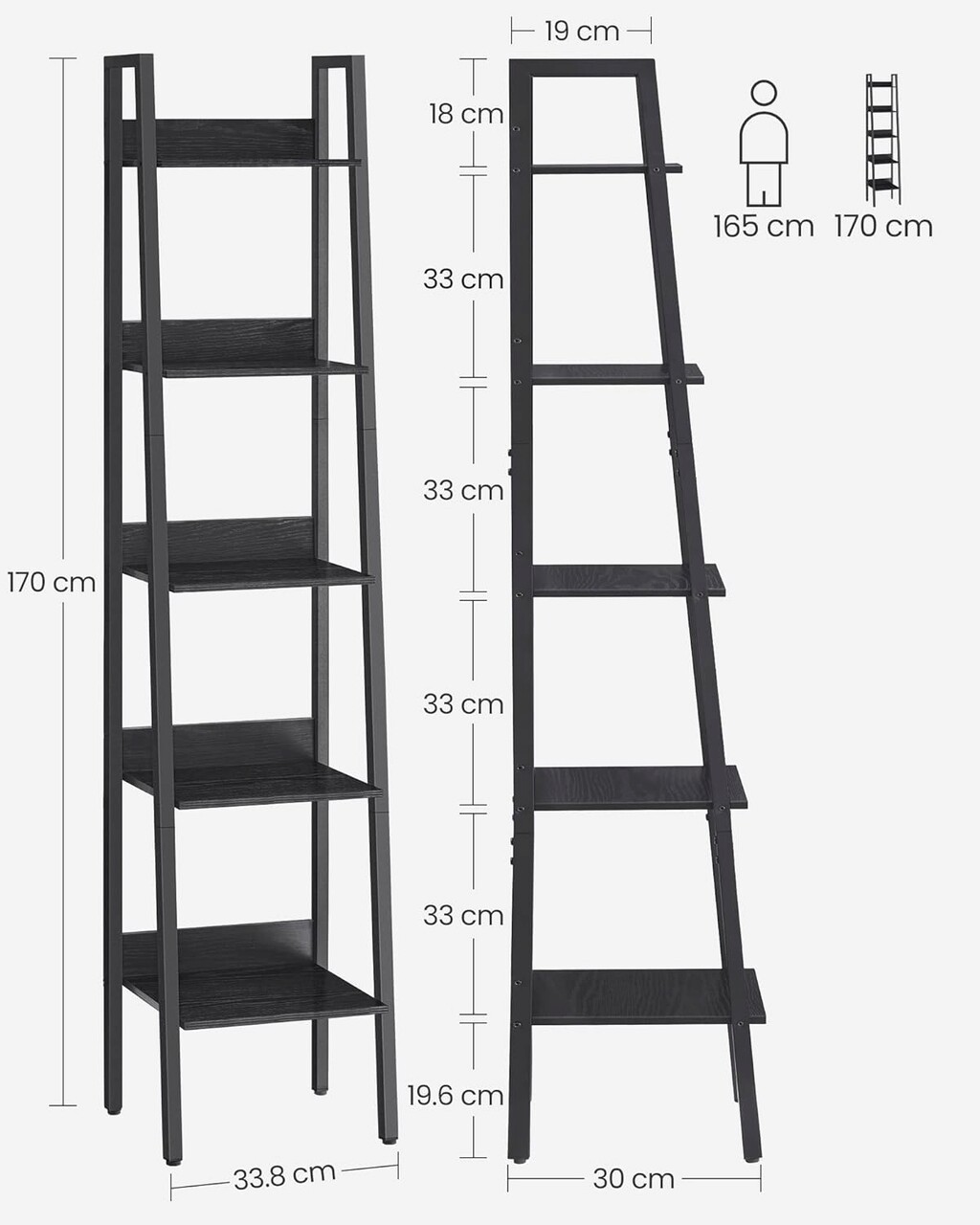 Corp biblioteca Ladder, Vasagle, 33.8 x 30 x 170 cm, PAL/otel, negru