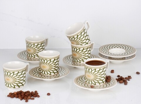 Set 6 cesti cu farfurie GELENEKSEL 003, Helen Porselen, ceramica, alb/verde Helen Porselen