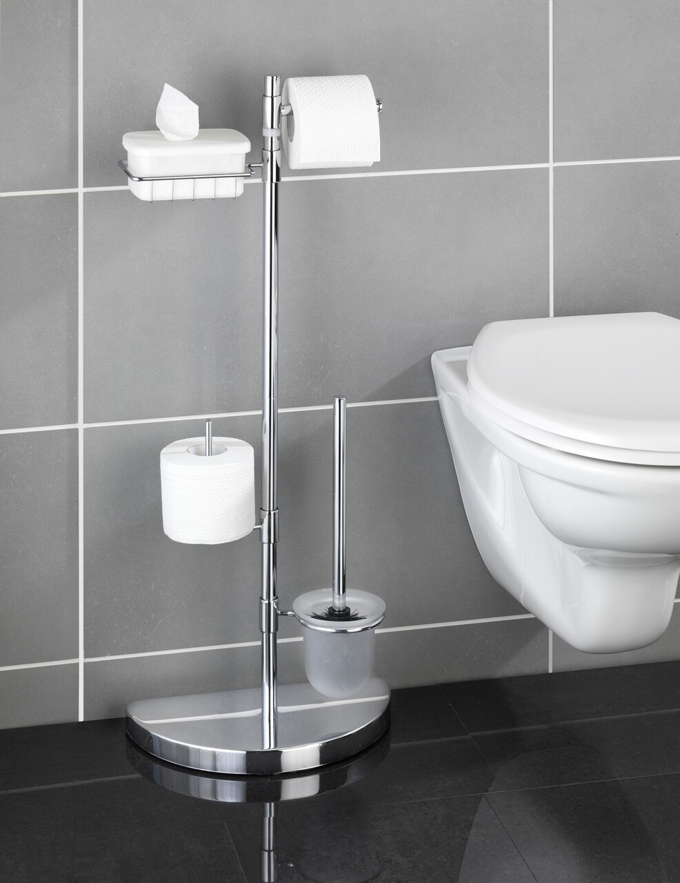 Suport pentru hartie igienica si perie de toaleta, Maximex, 34 x 18 x 84.5 cm, inox