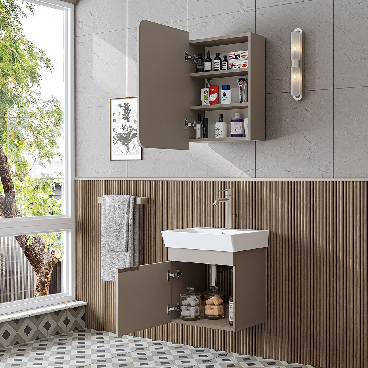 Set Dulap de Baie cu Chiuvetă și Oglindă (2 Piese), Hanah Home, 2935, MDF, Gresie — imaginea 4