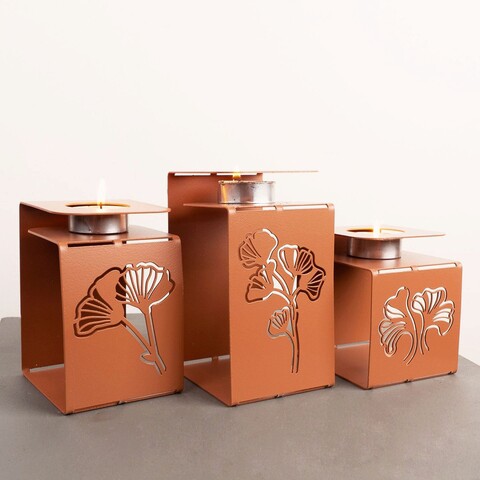 Set 3 suporturi lumanare, ginkgo tealight, otel, rosu