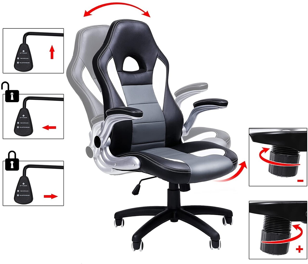 Scaun De Birou Ergonomic Gaming, Vasagle, Piele Ecologica, Negru/gri/alb