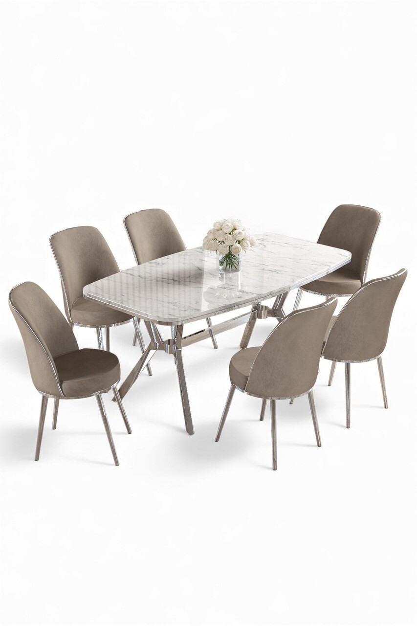 Set masă și scaune (7 piese), Hanah Home, Lena, Marmură albă / Crom / Cappuccino - view 2