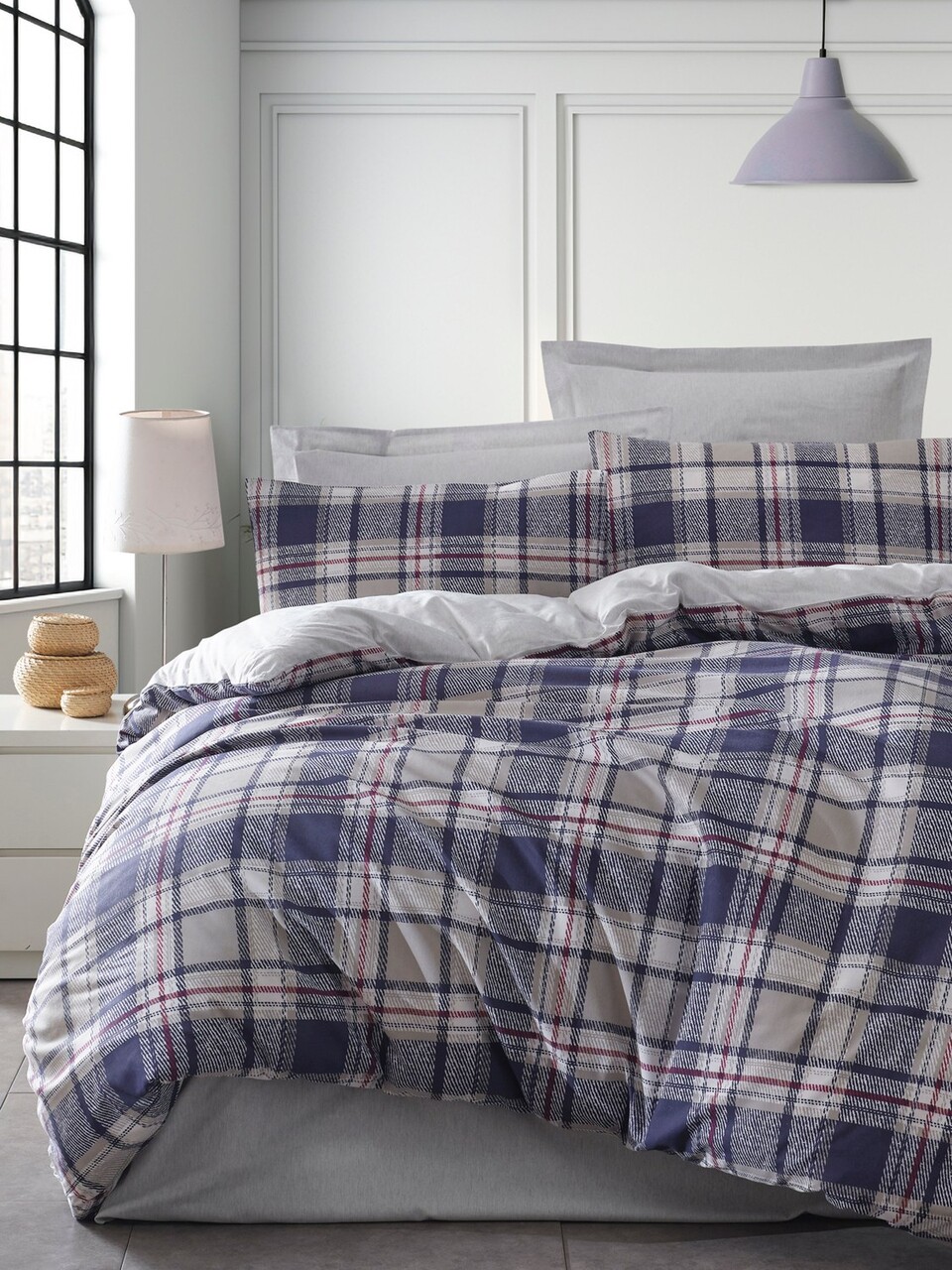 Lenjerie de pat pentru o persoana, Ekose - Dark Blue, EnLora Home, 65% bumbac/35% poliester