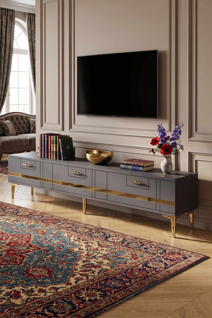 Comoda TV, Hanah Home, Ilay, 180x41x30 cm, Antracit / Aur — imaginea 2