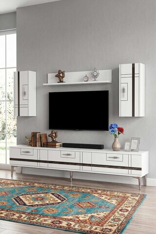 Comoda TV, Hanah Home, Ilay, 180x41x30 cm, Alb / Argintiu