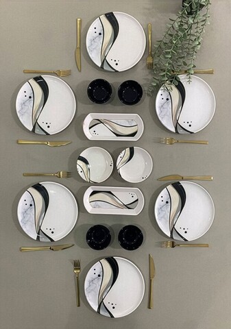 Set de mic dejun (14 piese), L'essentiel Maison, 759NRE1123, Platou: 20 x 9 x 3 cm (2 bucăți), Alb / Negru / Gri