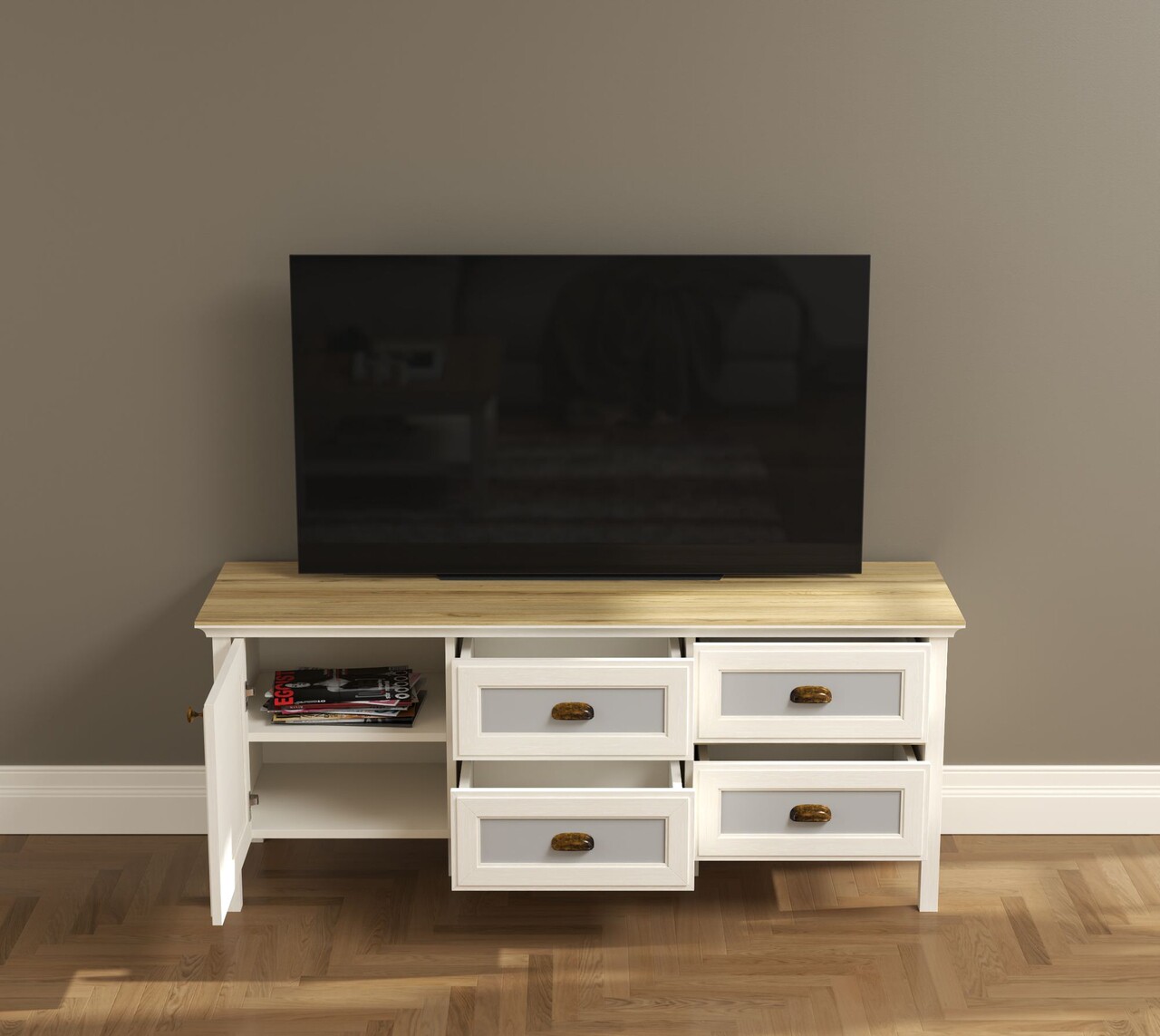 Comoda TV, Hanah Home, FRN-21012, 149.6x61.6x44.2 cm, PAL, Crem / Stejar / Gri - view 3