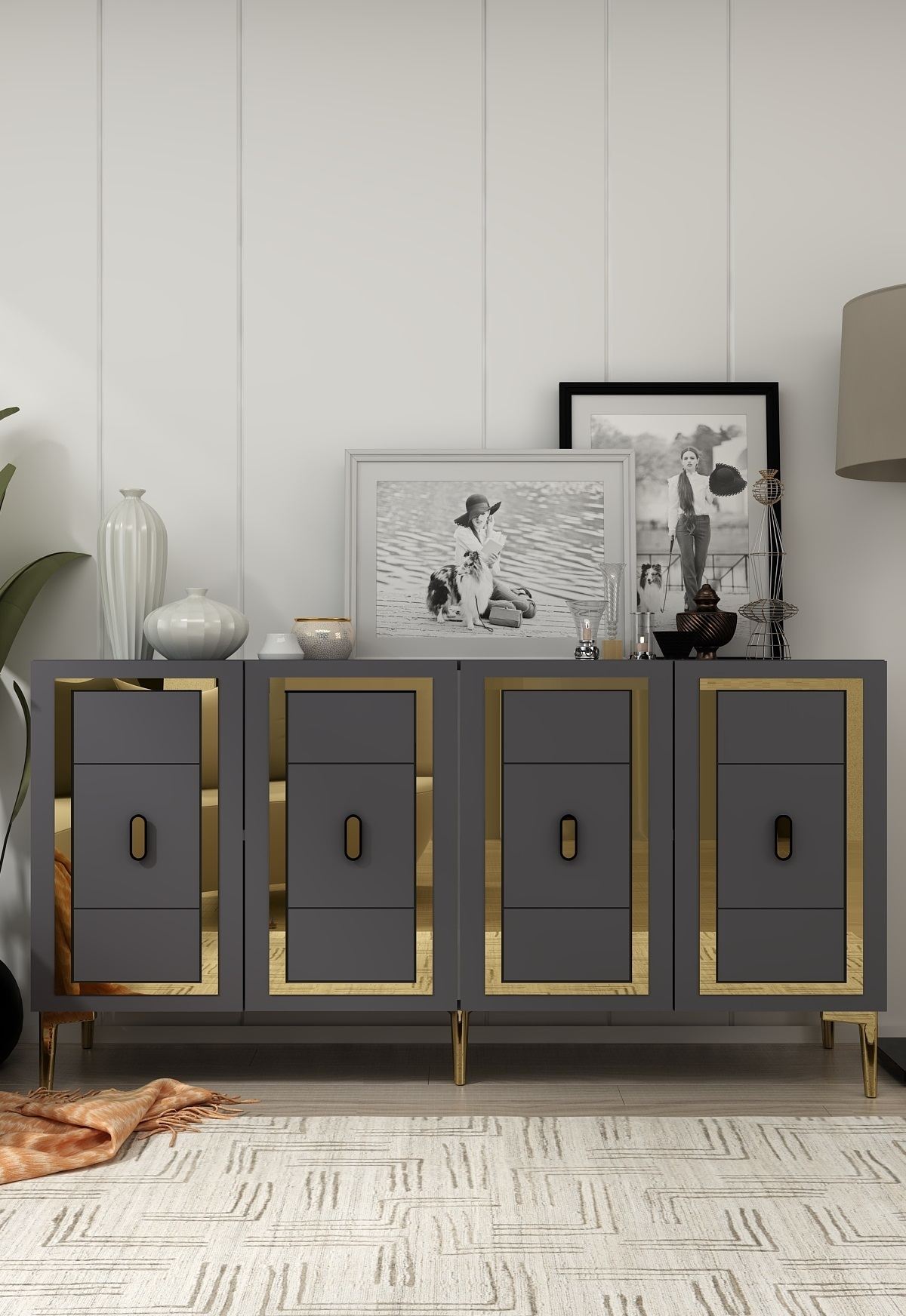 Consola, Hanah Home, Orion, 150x75x35 cm, PAL , Antracit / Aur