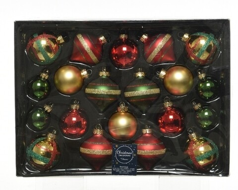 Cutie cu 20 globuri asortate Baubles and onions, Decoris, sticla, rosu/verde/auriu