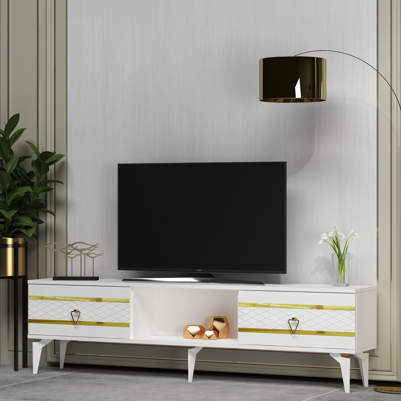 Comoda TV, Olivia, Pelin, Alb/Auriu - 1 | YEO