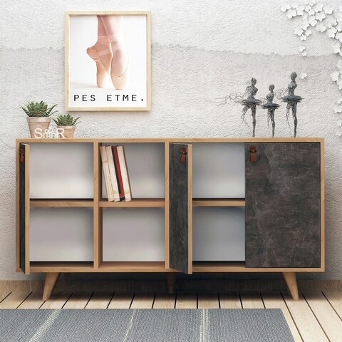 Consola, mod design, planky, 140 x 86 x 40 cm, pal melaminat, stejar/gri