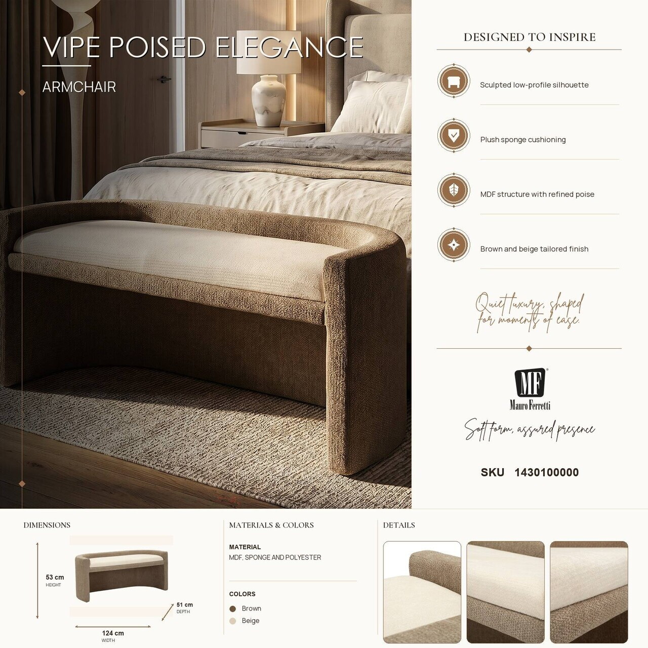 Bancheta, Mauro Ferretti, Nordic Style, 124x51x53 cm, poliester/MDF, maro — imaginea 10