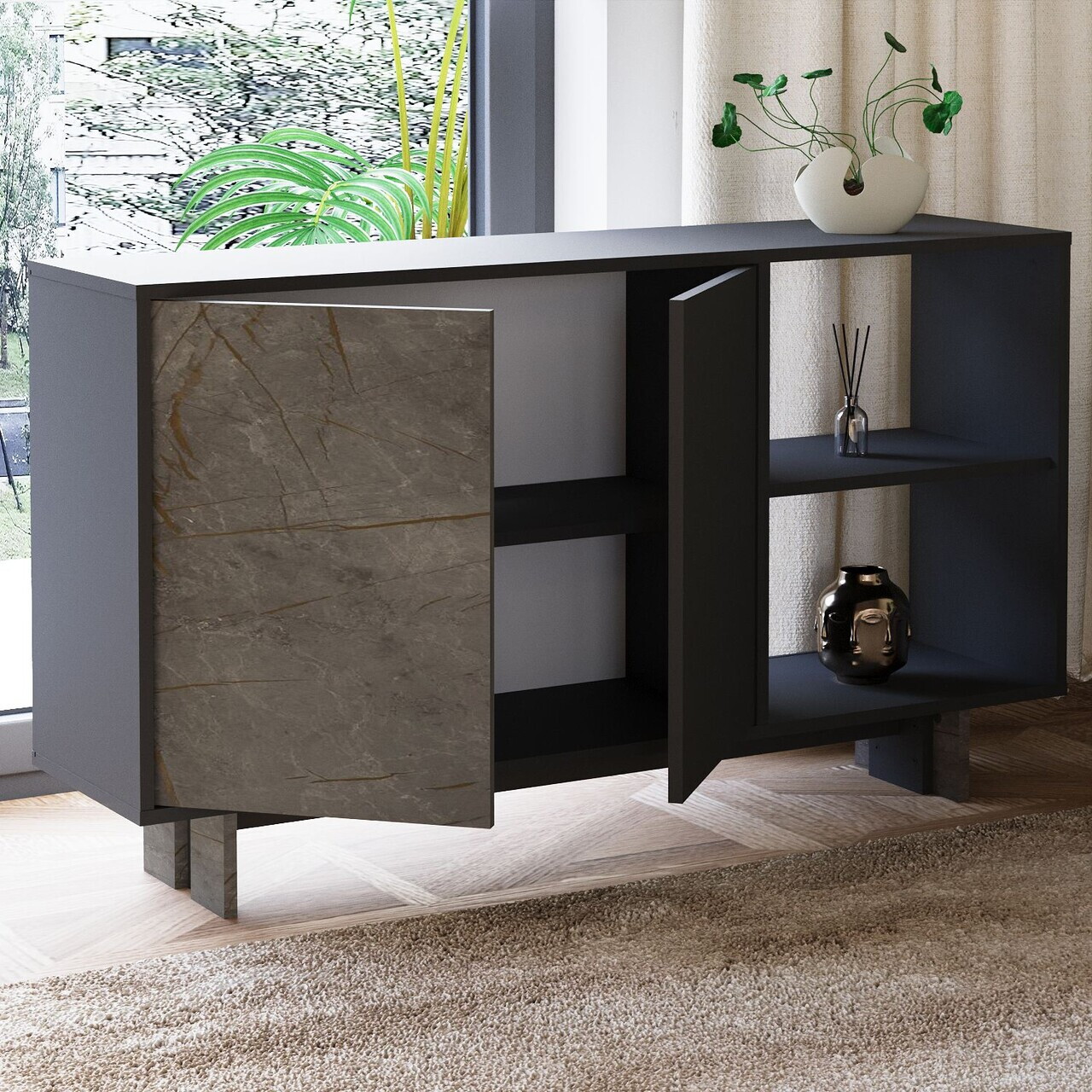 Consola, Hanah Home, Ravello, 140x80x35 cm, PAL, Marmură / Antracit — imaginea 4