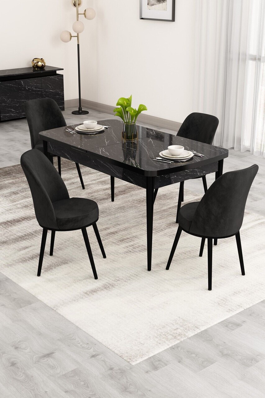 Set masa extensibila si scaune (5 piese), Hanah Home, Nix, Model de marmură neagră / Negru