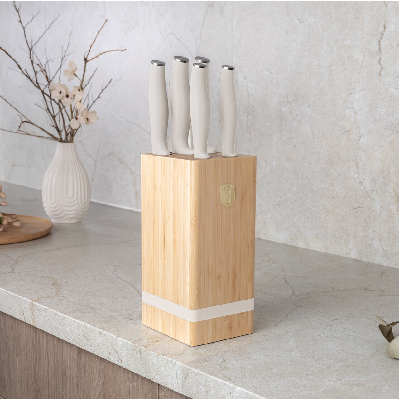 Set 5 cutite cu suport patrat Berlinger Haus, Sahara, inox/bambus, crem mat/natur - imagine 3