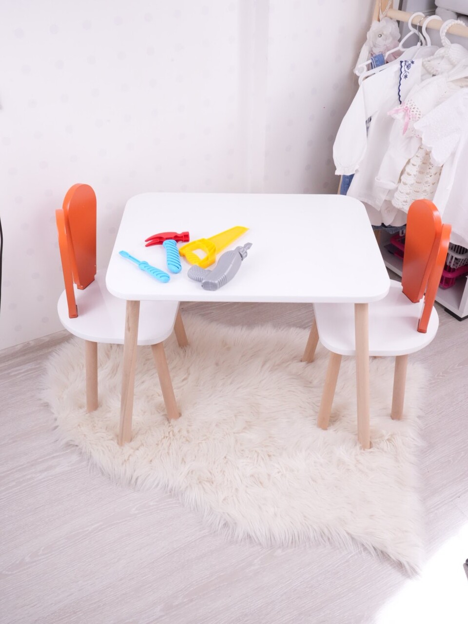 Set masa si scaun pentru copii, Bambini, Bunny One Chair Set, Portocaliu/Alb