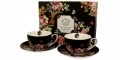 Set 2 cesti cu farfurie Vintage Flowers, Duo, 280 ml, portelan, negru