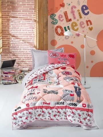 Set de pat pentru o persoana, 5 piese, 100% bumbac ranforce, Cotton Box, Selfie Pink