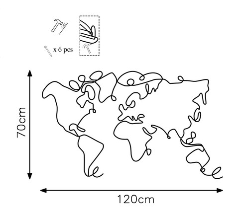 Decoratiune de perete, World Map, Metal, Grosime: 2 mm, Negru