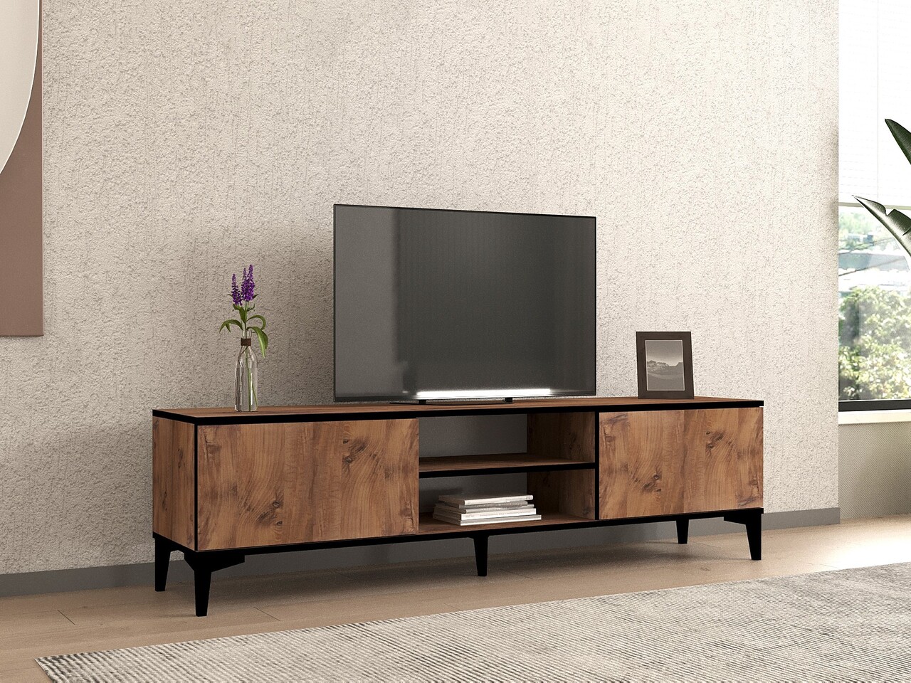 Comoda TV, Puqa Design, Begi, 180x12x45 cm, PAL, Pin Atlantic / Negru