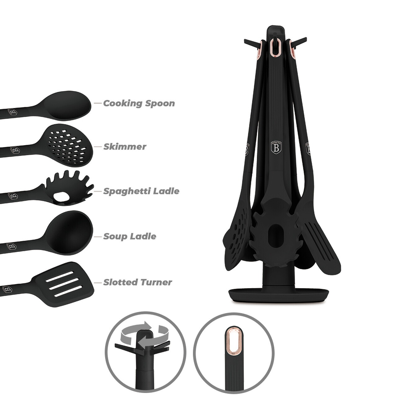Set 5 ustensile de bucatarie cu suport, Berlinger Haus, Black Rose, nailon/plastic, negru - imagine 9