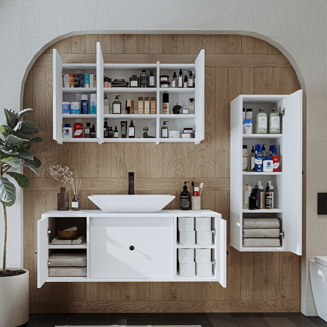 Set Dulap de Baie cu Chiuvetă și Oglindă (3 Piese), Hanah Home, 2551, MDF, Alb — imaginea 4