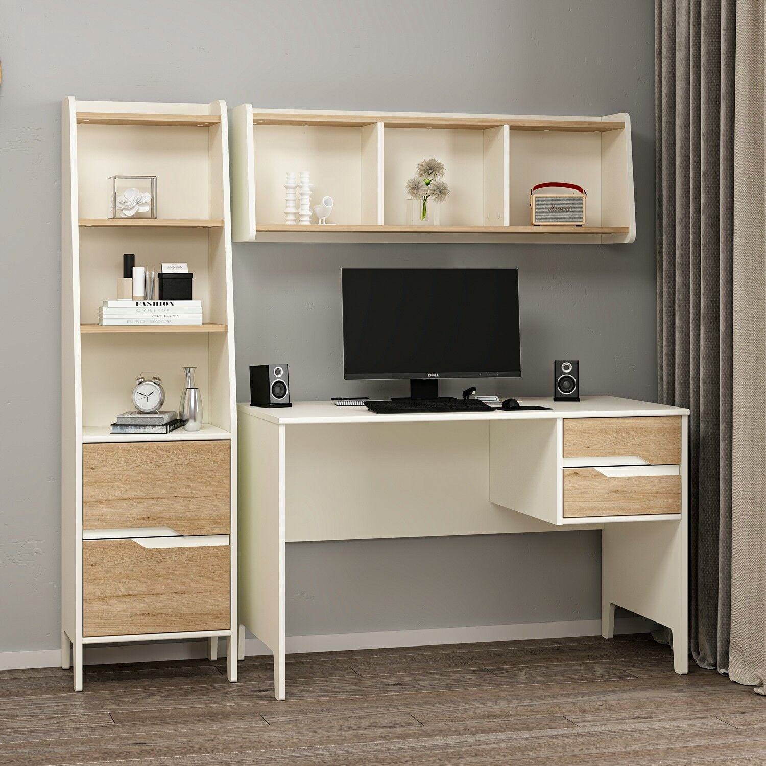 Set birou si biblioteca, Hanah Home, Ruby Desk + Shelf + Bookcase Set, 120x76x60 cm, Piatră Lunii / Nuc