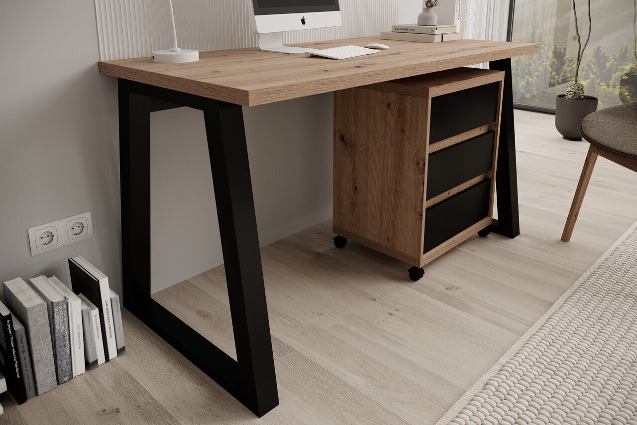 Birou cu dulap ADRK, Iwo I, 135x65x75.2 cm, PAL laminat, artisan/negru — imaginea 2