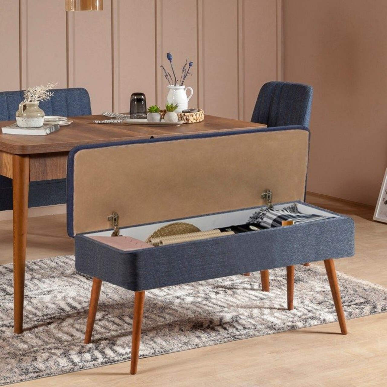 Set masa extensibila si scaune, Hanah Home, Vina 1048, Nuc / Albastru închis - imagine 2