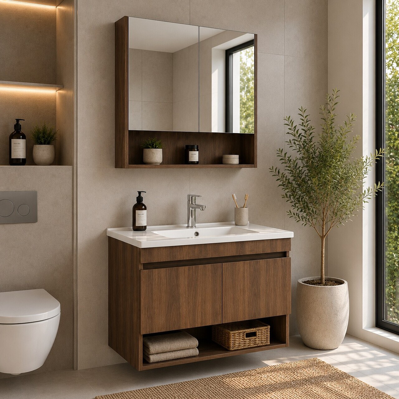 Set Dulap de Baie cu Chiuvetă și Oglindă (2 Piese), Hanah Home, Compacta 80, Nuc închis nou